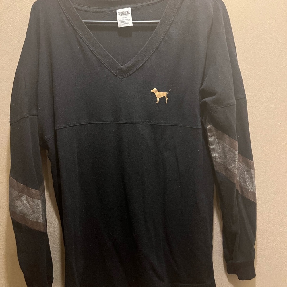 PINK Victoria's Secret Size Medium Black Top Gold Dog with Sequin Graphic Back